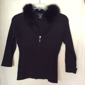 ARDen B. Knit Black Zip Up Sweater w/ real Fox Fur